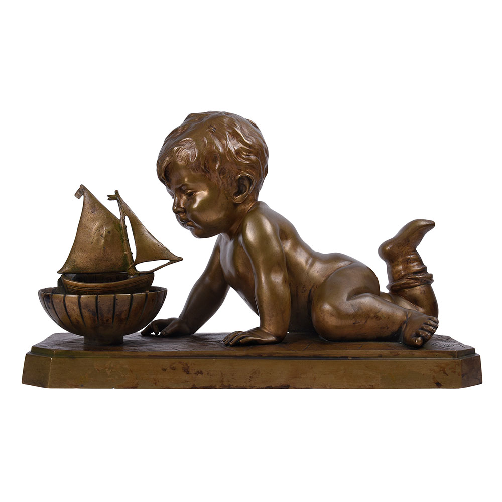 Emmanuel Villanis Boy with Sailing Ship Bronze Sculpture