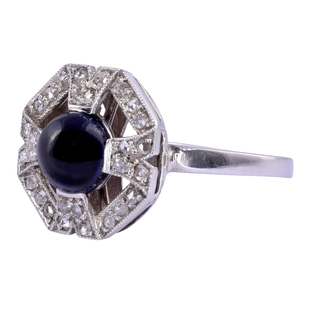 Art Deco Cabochon Sapphire & Diamond Platinum Ring