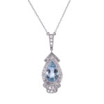 Art Deco Style Pear Aquamarine & Diamond Platinum Necklace