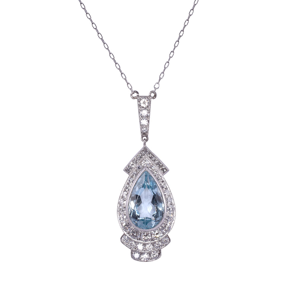 Art Deco Style Pear Aquamarine & Diamond Platinum Necklace