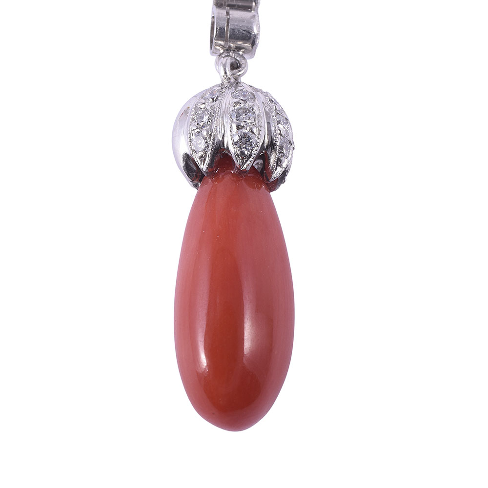 Coral Long Drop Earrings with Diamonds