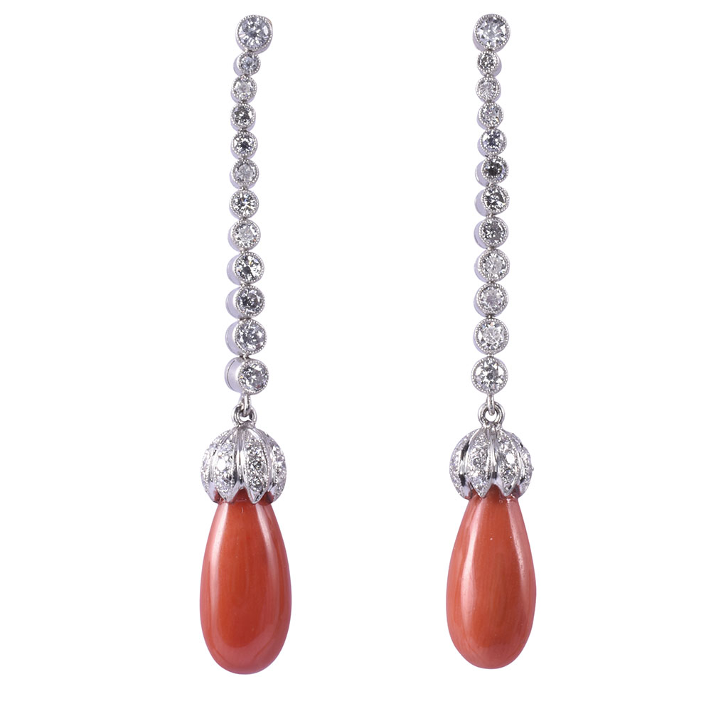 Coral Long Drop Earrings with Diamonds