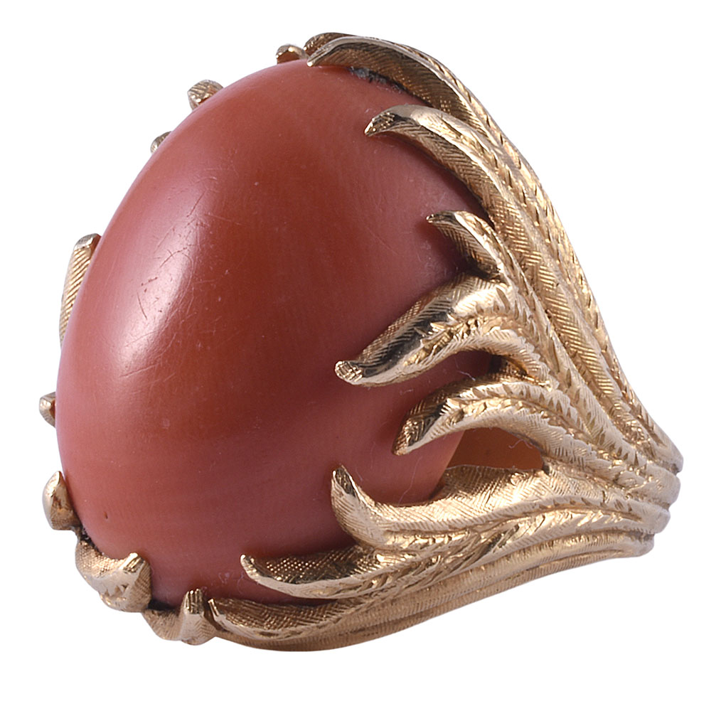 Oval Coral Ring in Hand Engraved Setting