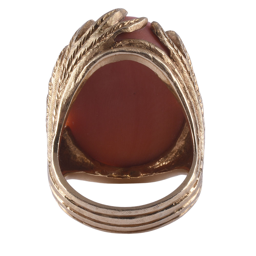 Oval Coral Ring in Hand Engraved Setting