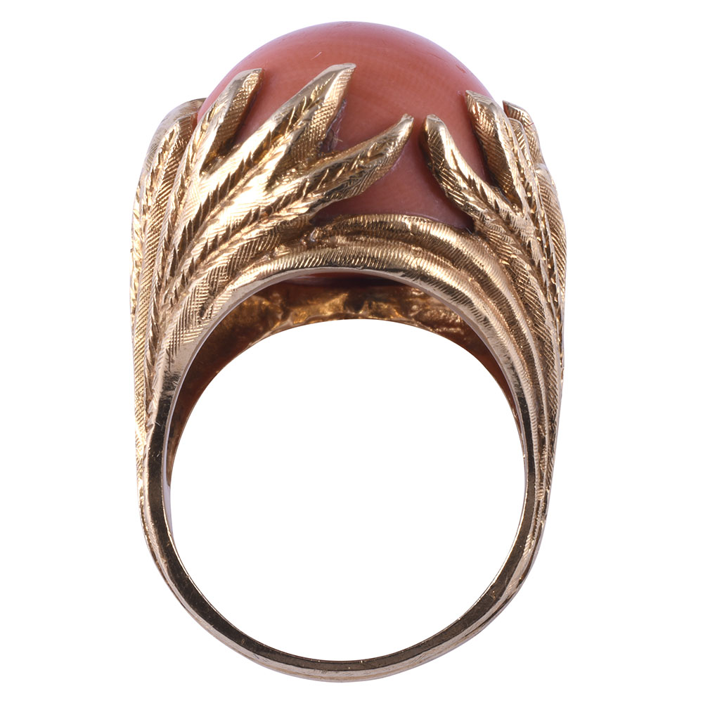 Oval Coral Ring In Hand Engraved Setting