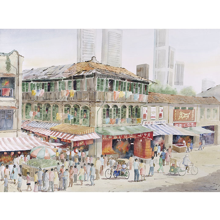 Wilfred Lim Chinatown Street Scene Watercolor Painting