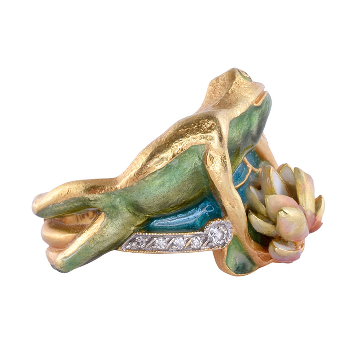 Masriera 18K Enamel Frog & Water Lily Ring