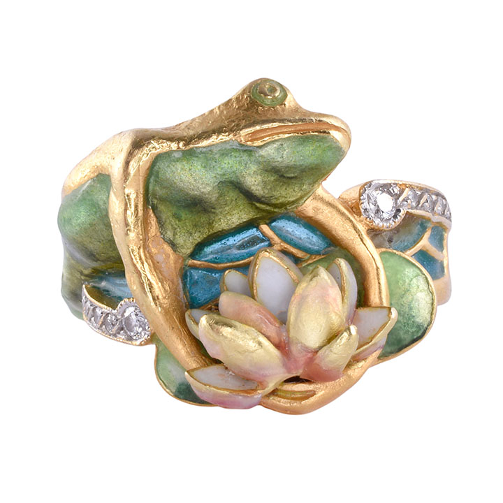Masriera 18K Enamel Frog & Water Lily Ring