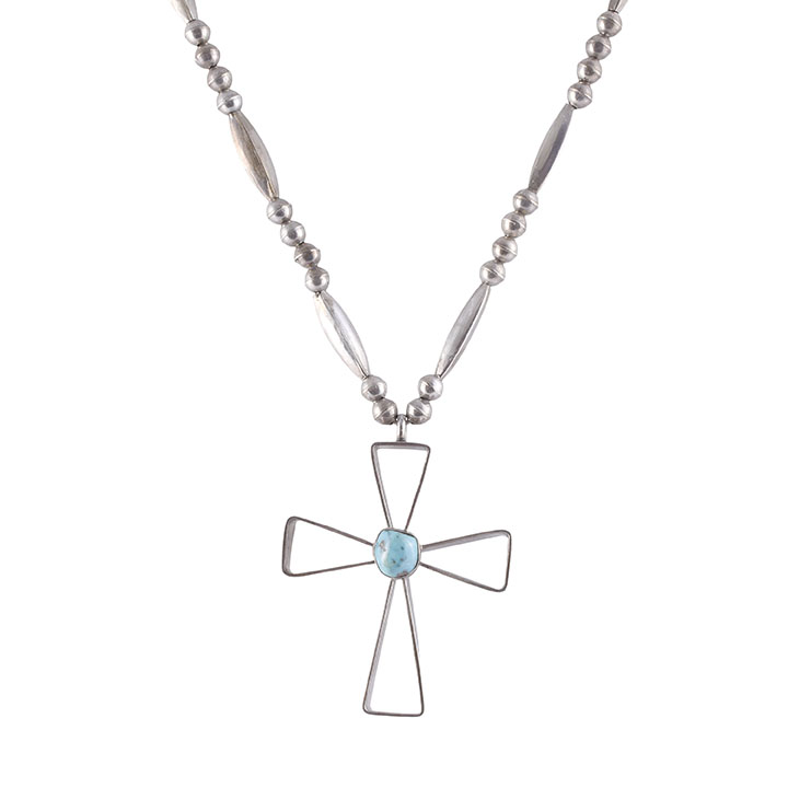 Chee Signed Sterling Silver Turquoise Cross Necklace