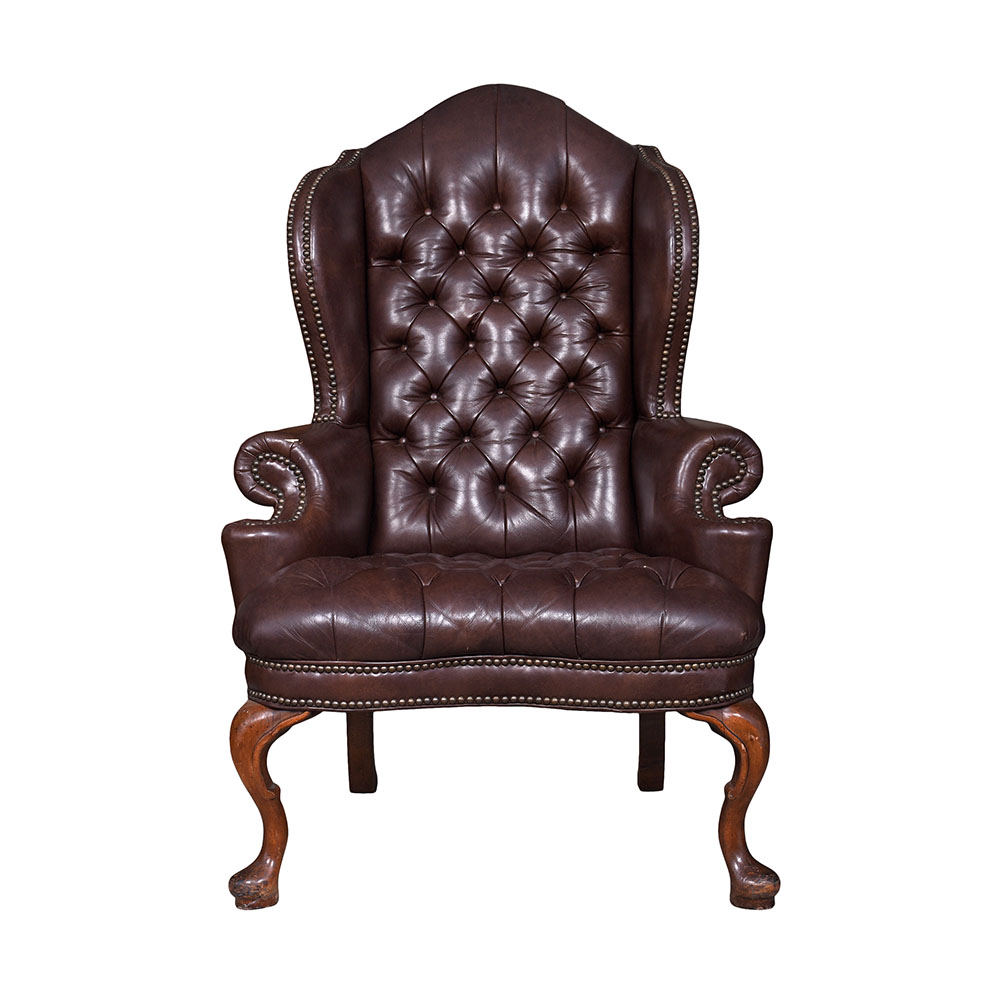 Pair of Tufted Leather Wing Back Chairs