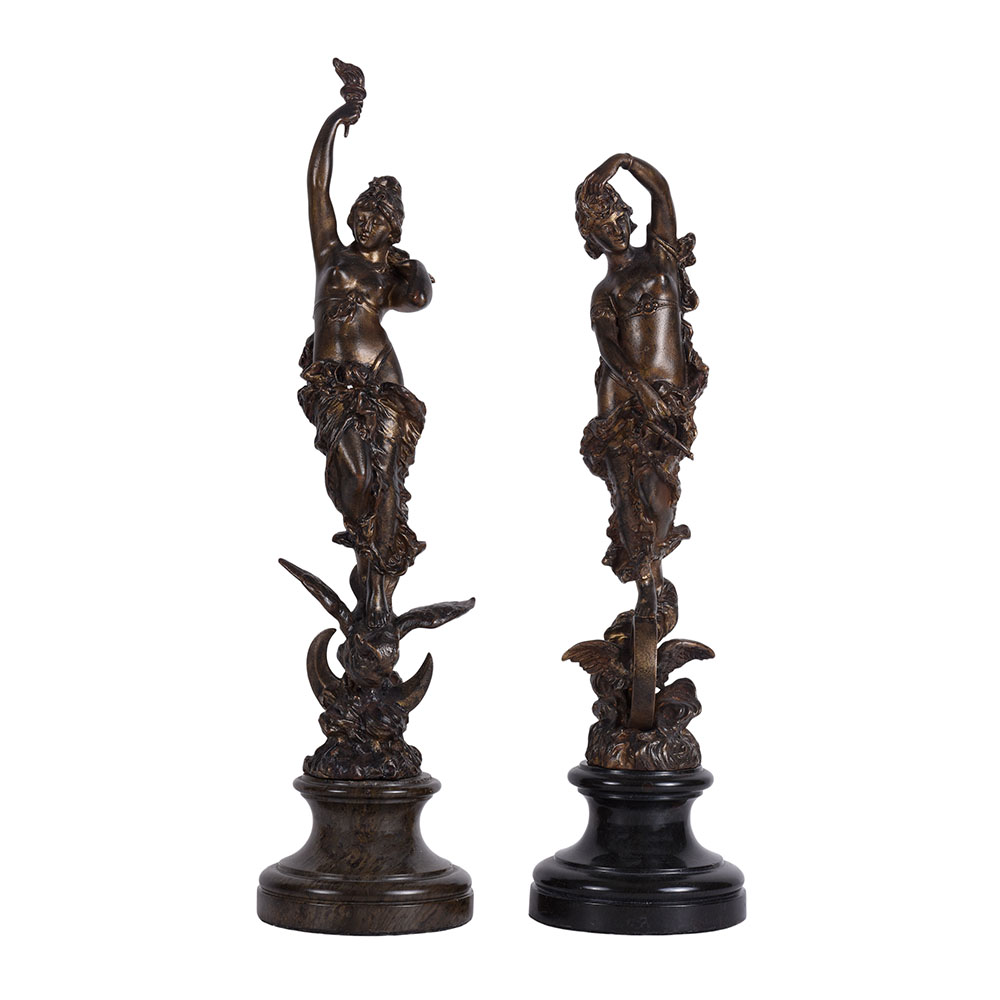 Pair Art Nouveau Figural Bronze Sculptures
