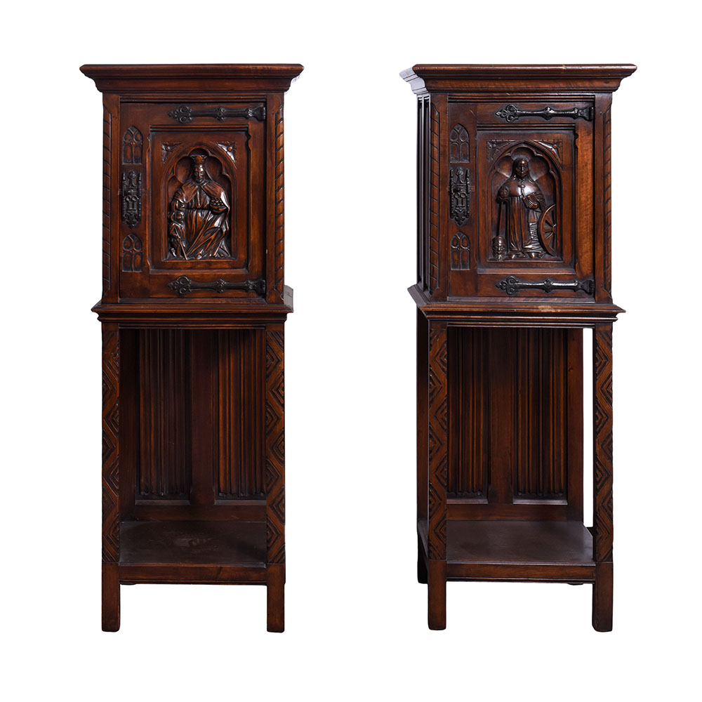 Belgian Carved Walnut Pair Half Commodes