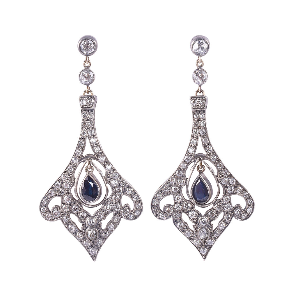 Victorian Pear Sapphire & Diamond Dangle Earrings