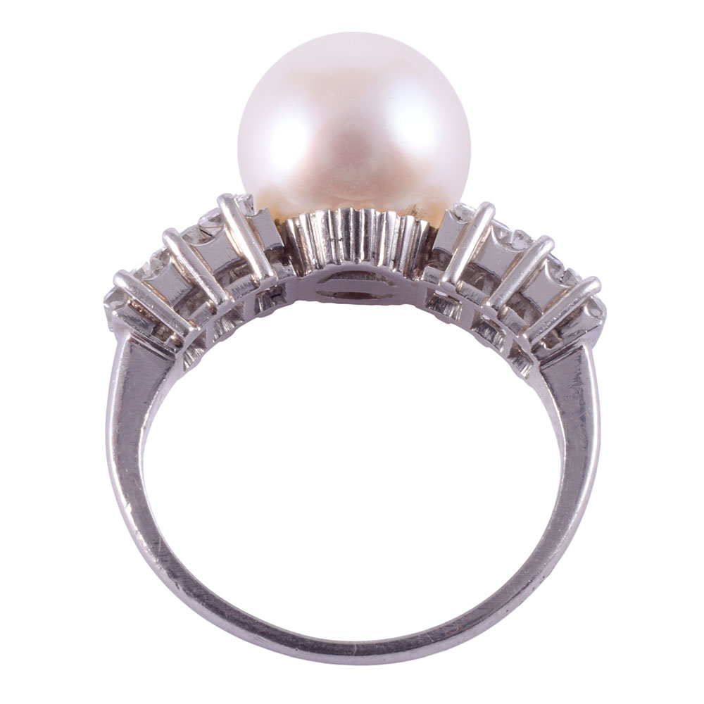 Akoya Pearl & Baguette Diamond Platinum Ring