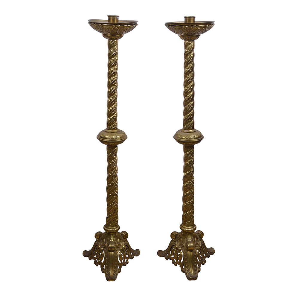 Pair Gothic Revival Brass Candlesticks