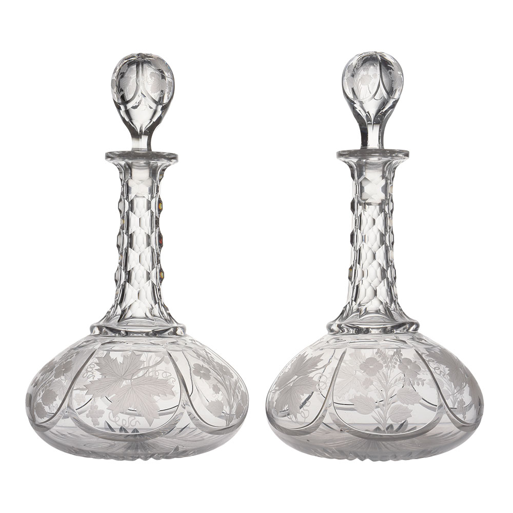 Pair of Floral Etched Crystal Decanters