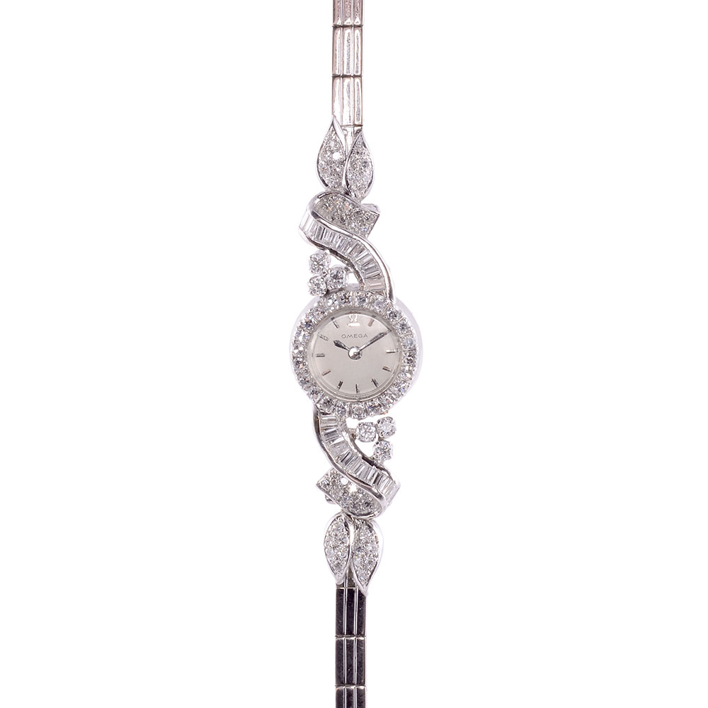 Omega 18K White Gold Back Wind Ladies Diamond Wrist Watch