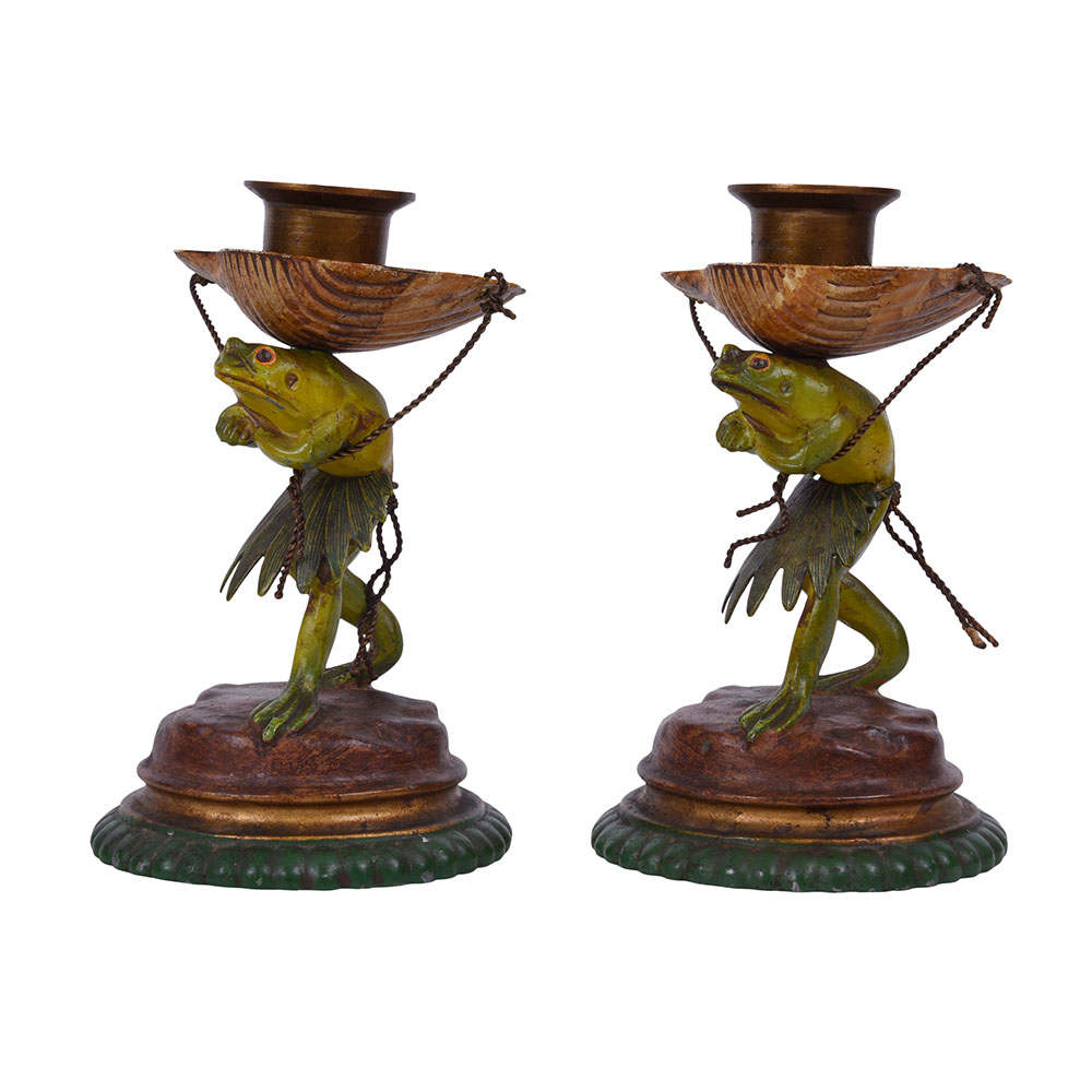 Pair Enameled Frog Candle Holders