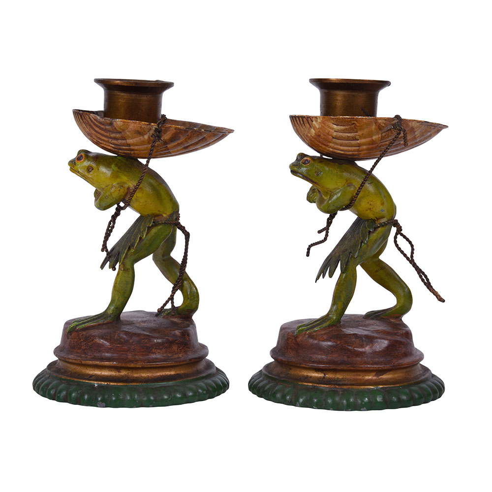Pair Enameled Frog Candle Holders
