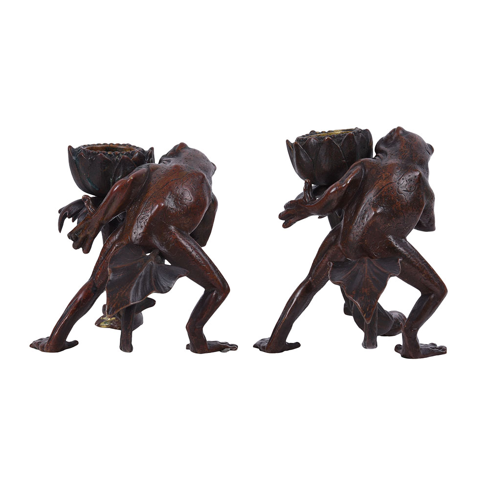 Pair Bronze Frog Candle Holders