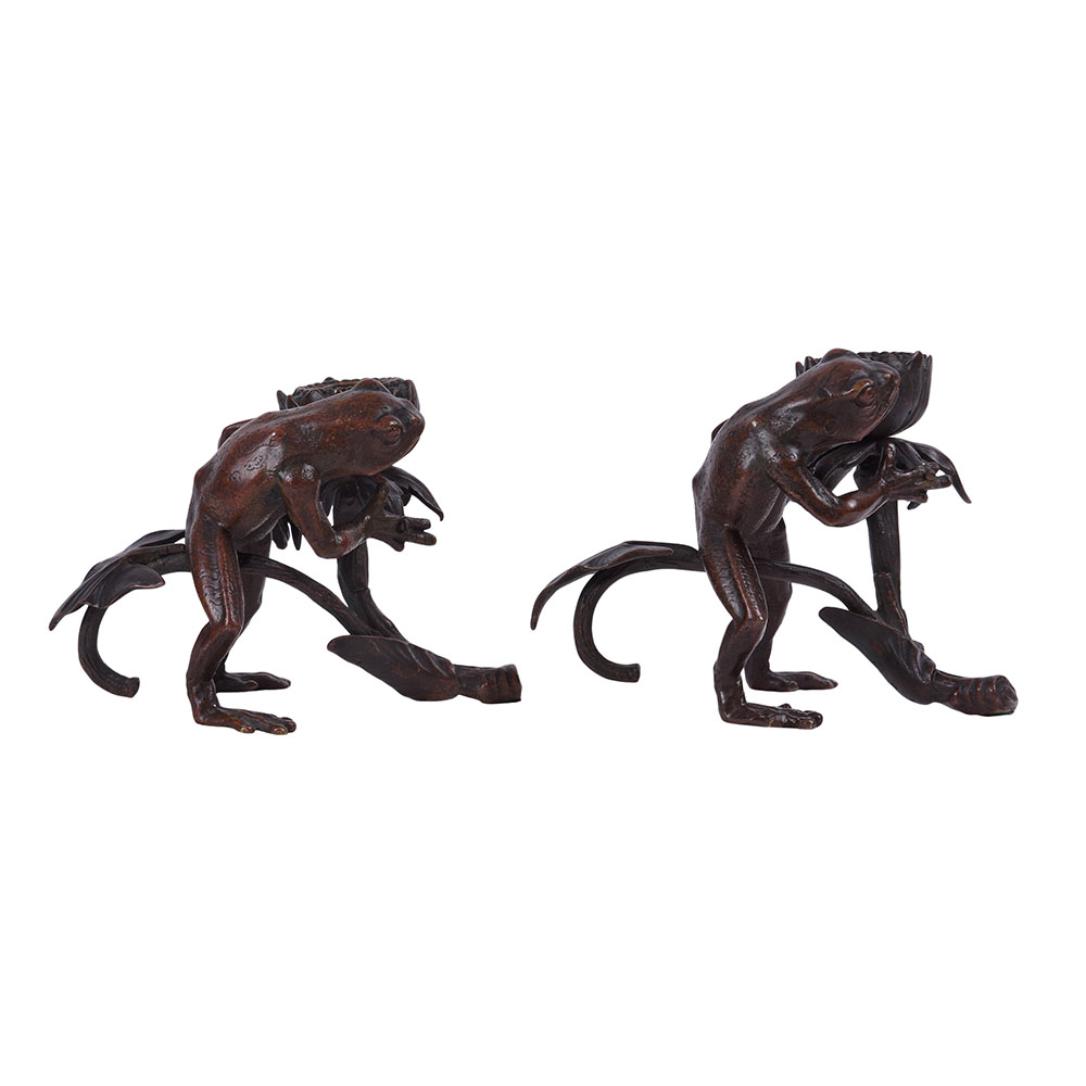 Pair Bronze Frog Candle Holders