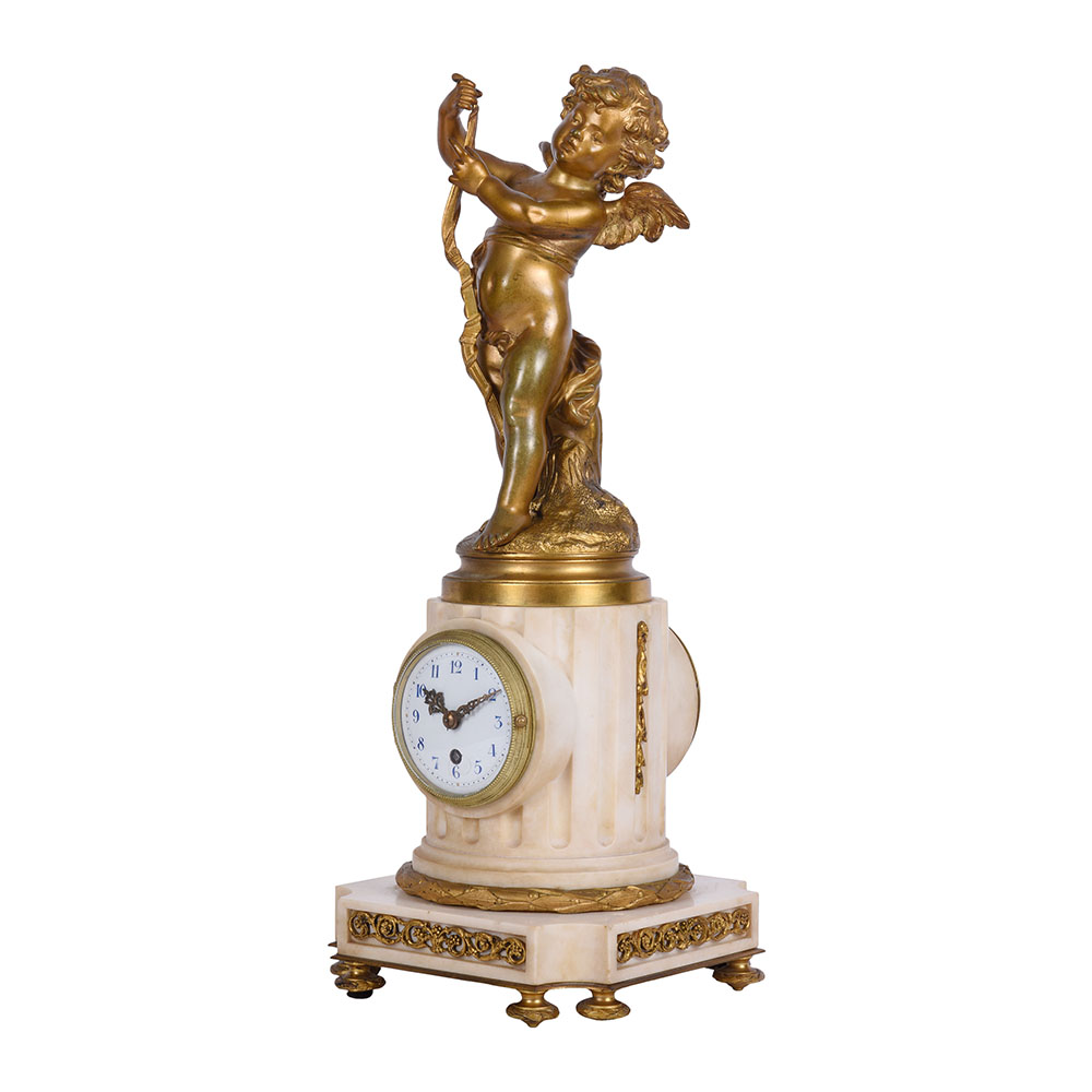 Bronze Cupid Atop Marble Pillar Clock