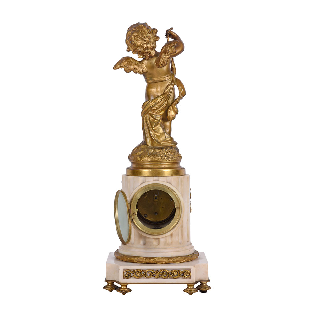 Bronze Cupid Atop Marble Pillar Clock