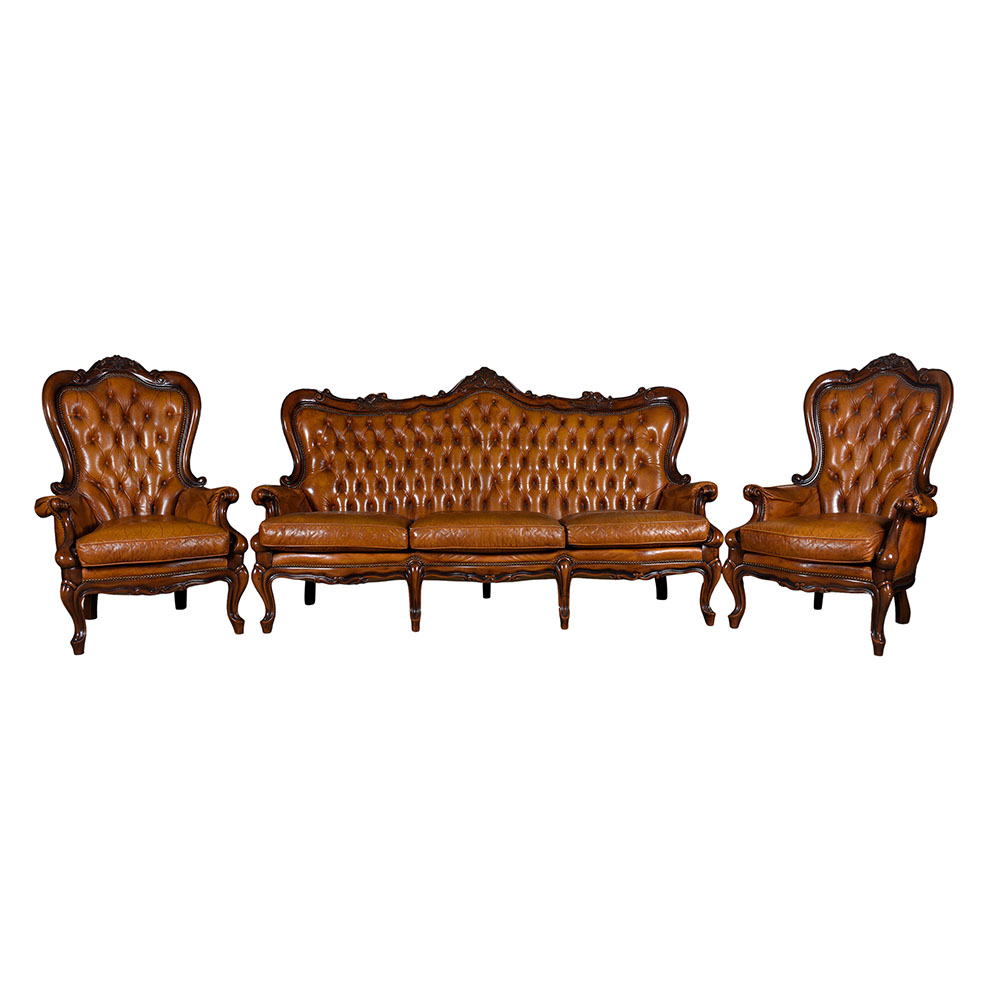 Italian Carved Walnut and Leather Sofa and Chairs Set