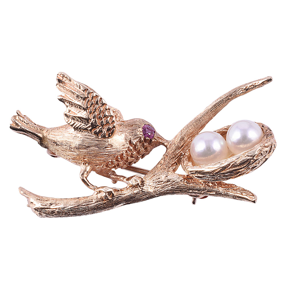 Bird on Nest Pearl Brooch