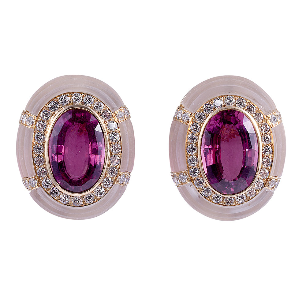 Pink Rubellite Tourmaline Diamond & Rock Crystal 18K Clip Earrings