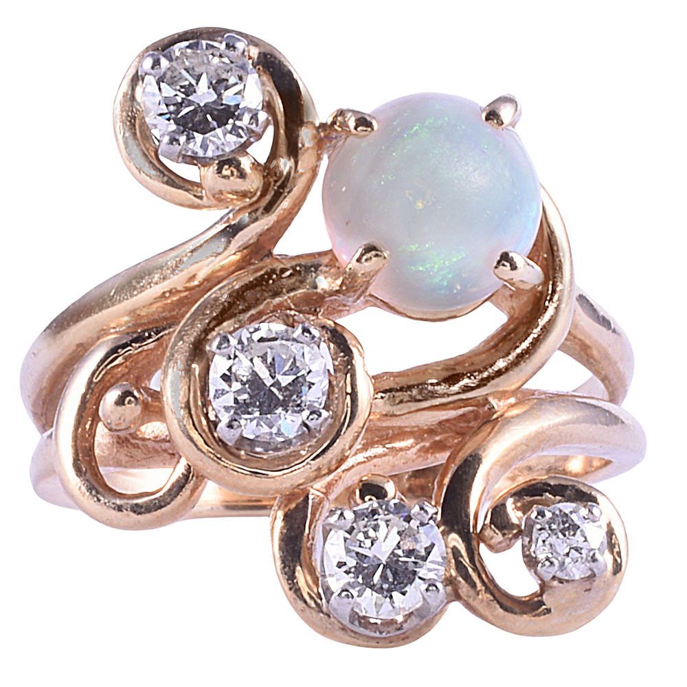 Round Opal & Diamond Free Form Ring