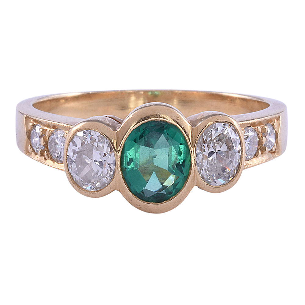 Oval Emerald & Oval Diamond 18K Ring