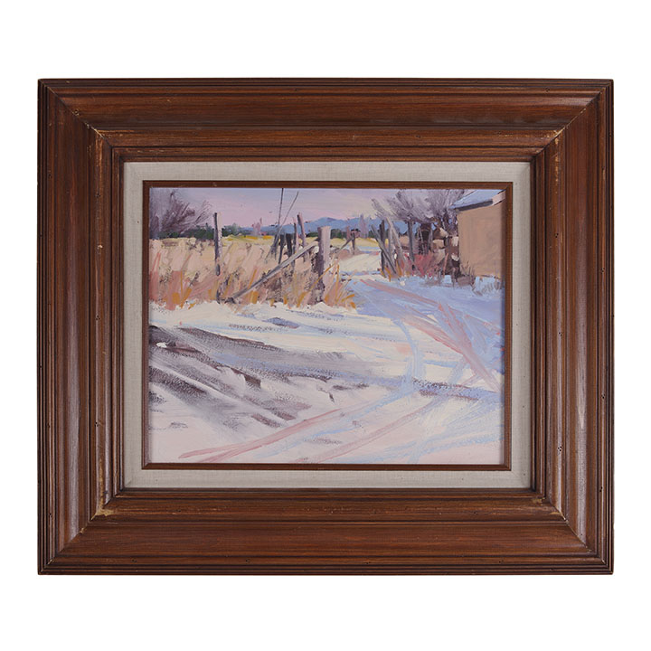 Unsigned Snowy Trail Through Gate Oil Painting