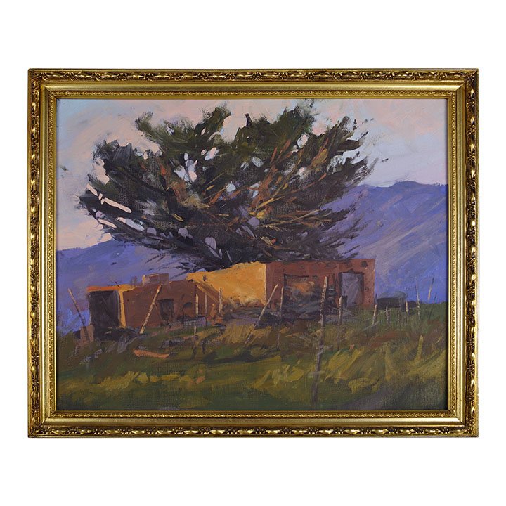 Unsigned Large Tree Behind Adobe House Oil Painting