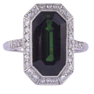 Art Deco Dark Green Tourmaline & Diamond Ring