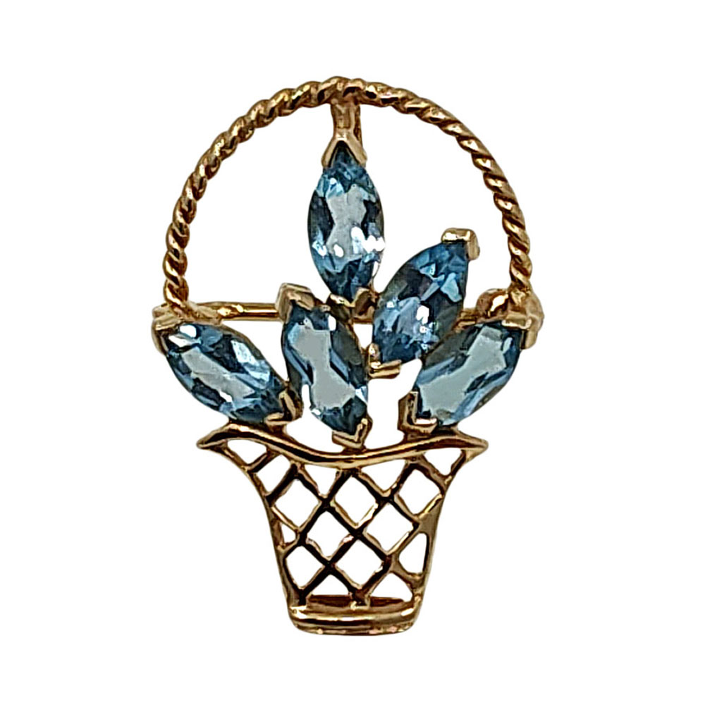 14K Gold Blue Topaz Flower Basket Pin or Pendant