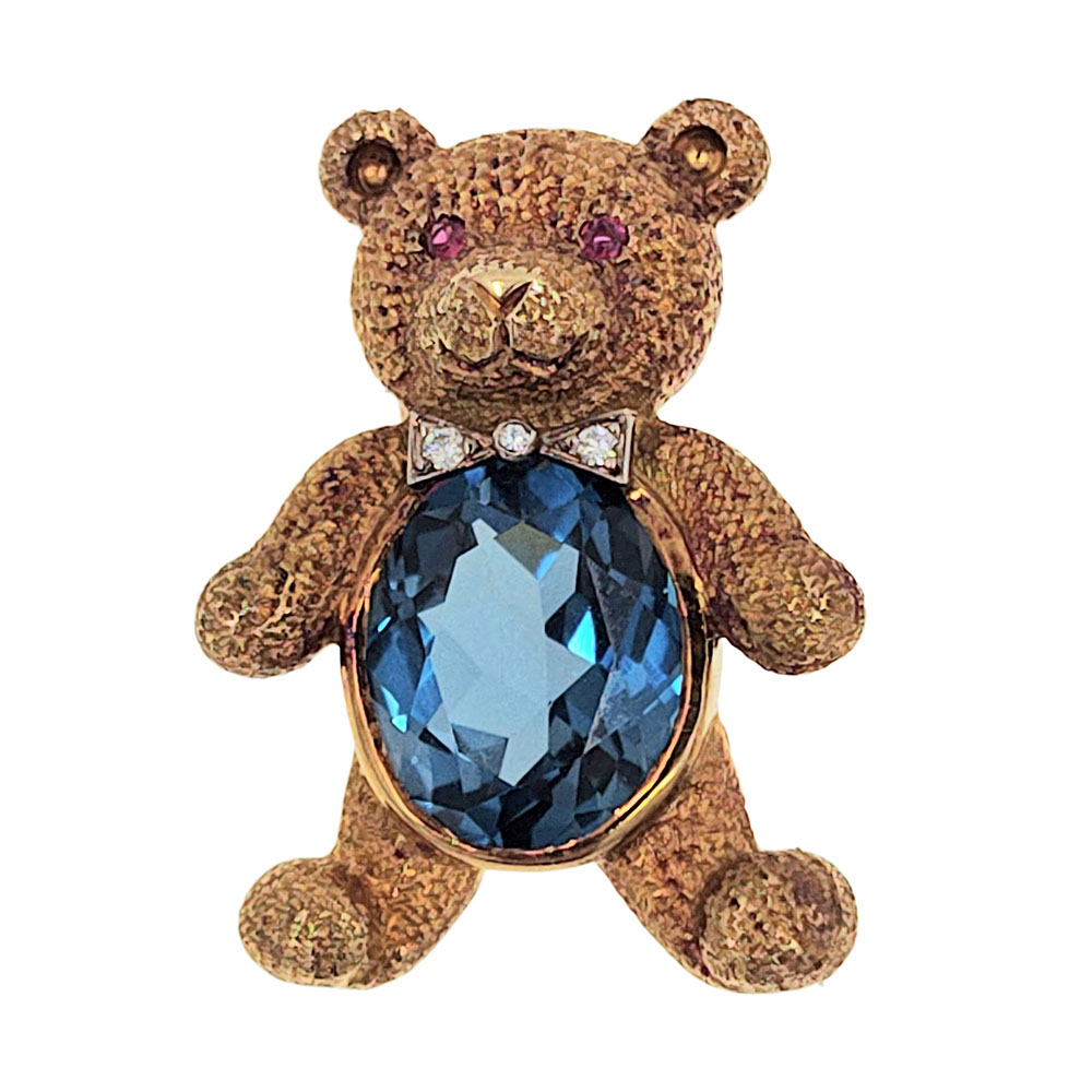 18K Gold Blue Topaz Teddy Bear Pin or Pendant