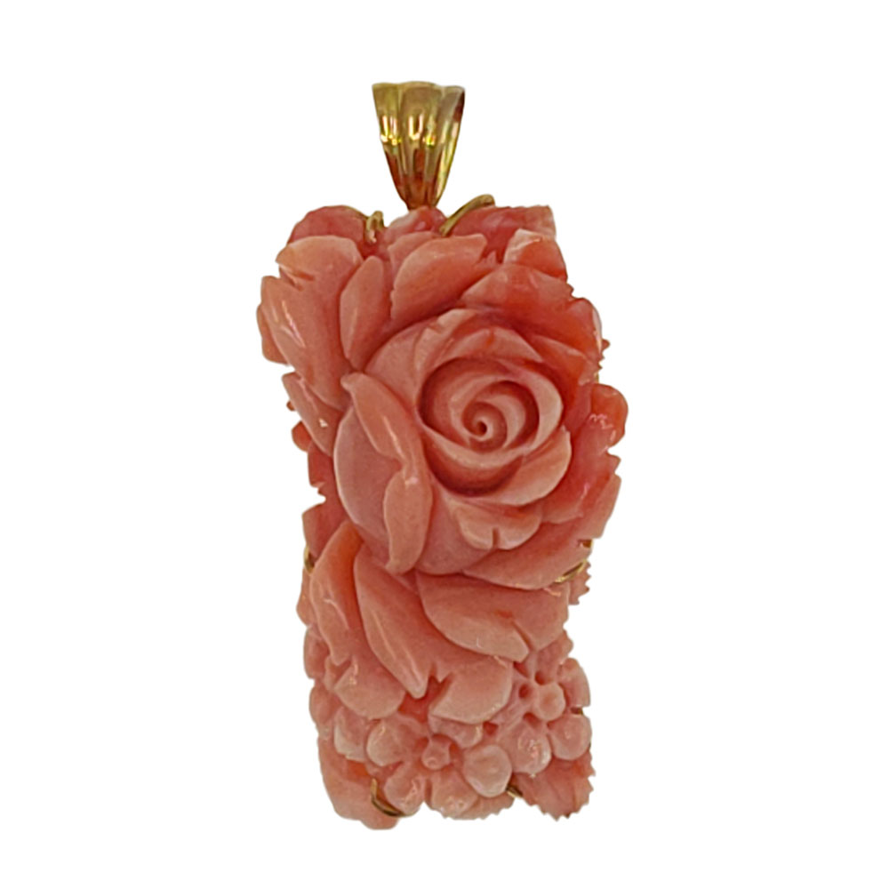 Labauta Gioielli 18K Gold Floral Carved Coral Brooch or Pendant