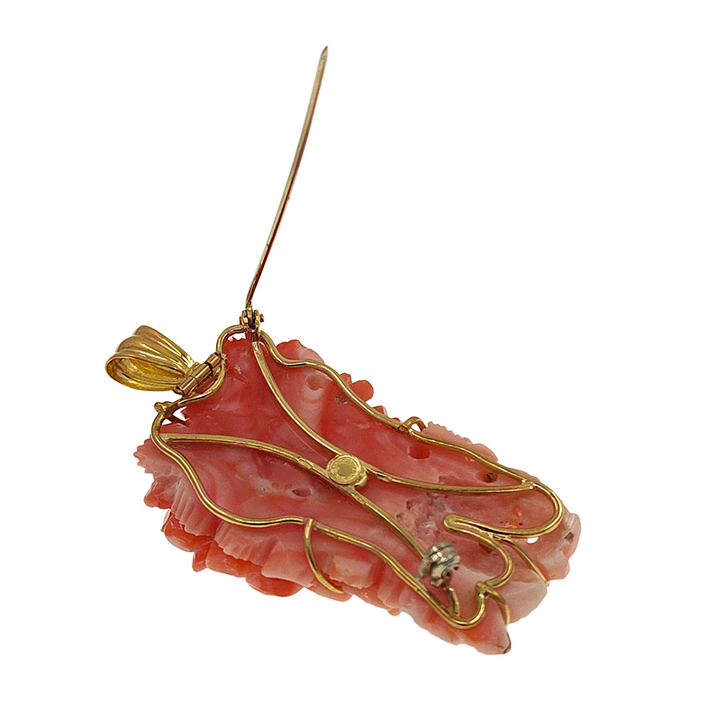 Labauta Gioielli 18K Gold Floral Carved Coral Brooch or Pendant