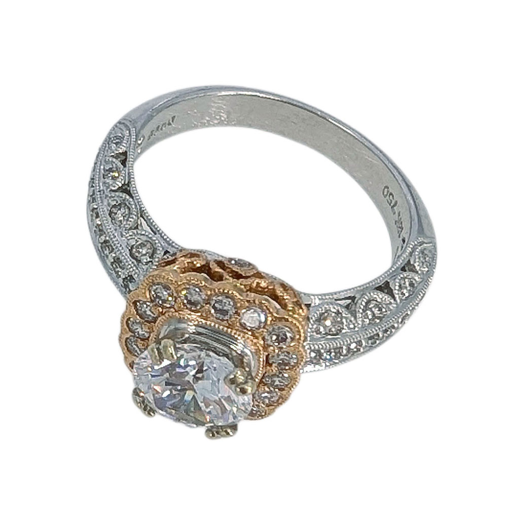 Rose & White Gold Pave Diamond Engagement Ring CZ Center