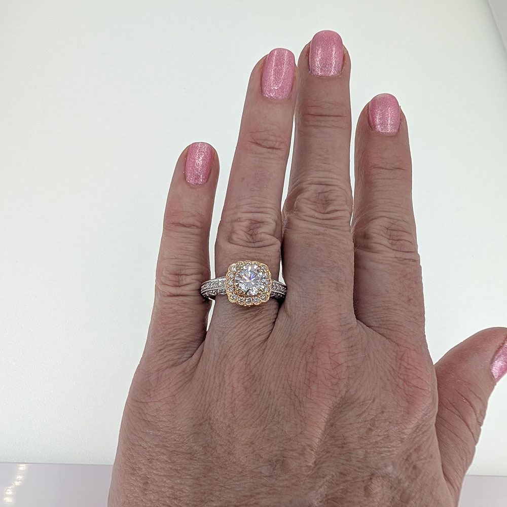 Rose & White Gold Pave Diamond Engagement Ring CZ Center