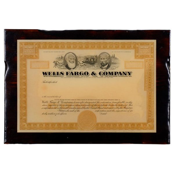 Herb Fichter Original Wells Fargo Stock Certificate Plaque