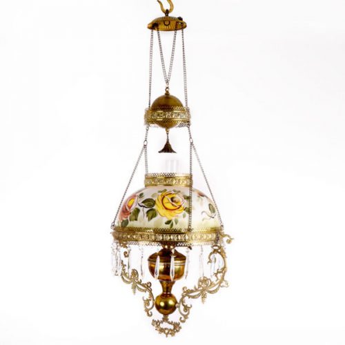 Victorian Hand Painted Brass Hanging Oil Lamp